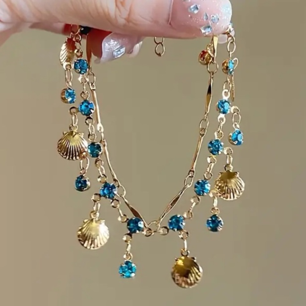 Blue Crystal & Shell Gold Toned Necklace & Bracelet Set - Picture 4 of 5